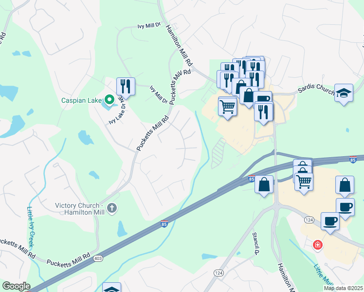 map of restaurants, bars, coffee shops, grocery stores, and more near 2650 Hamilton Chase Run in Buford