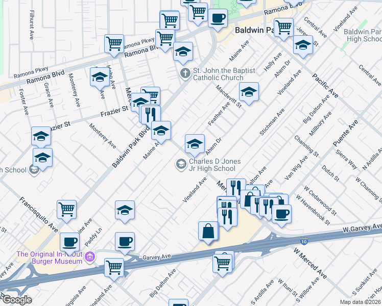 map of restaurants, bars, coffee shops, grocery stores, and more near 14205 Merced Avenue in Baldwin Park