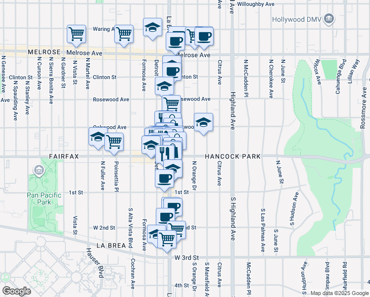 map of restaurants, bars, coffee shops, grocery stores, and more near 316 North Sycamore Avenue in Los Angeles