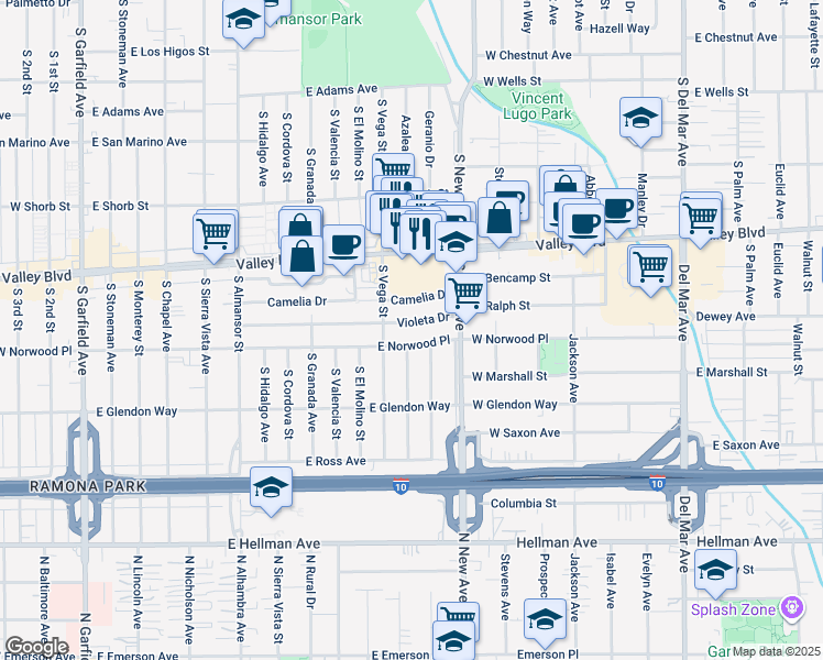 map of restaurants, bars, coffee shops, grocery stores, and more near 1300 Violeta Drive in Alhambra