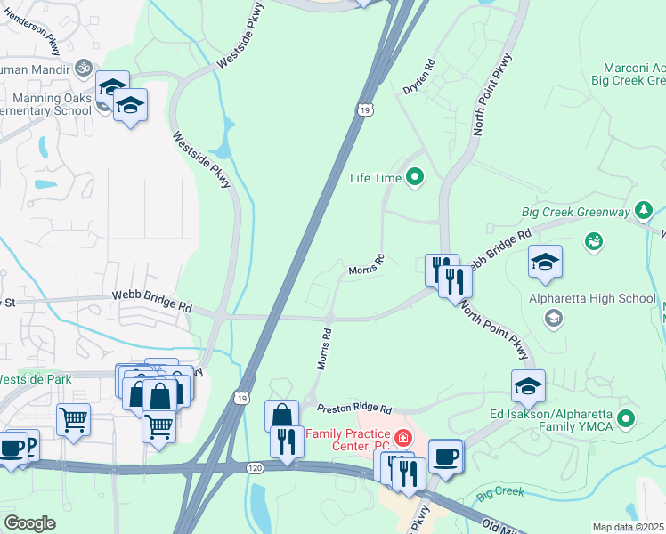 map of restaurants, bars, coffee shops, grocery stores, and more near 12300 Morris Road in Alpharetta