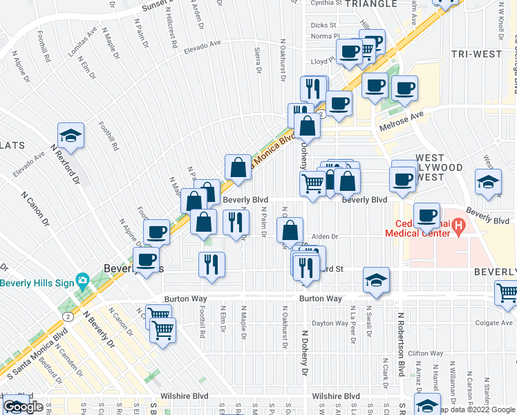 map of restaurants, bars, coffee shops, grocery stores, and more near 423 North Palm Drive in Beverly Hills