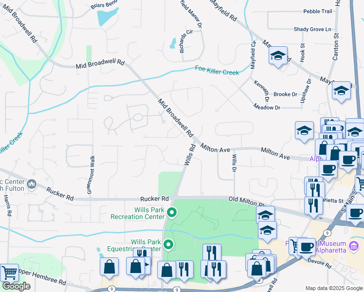 map of restaurants, bars, coffee shops, grocery stores, and more near 111 Wills Road in Alpharetta