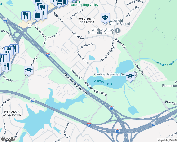 map of restaurants, bars, coffee shops, grocery stores, and more near 9208 Windsor Lake Boulevard in Columbia
