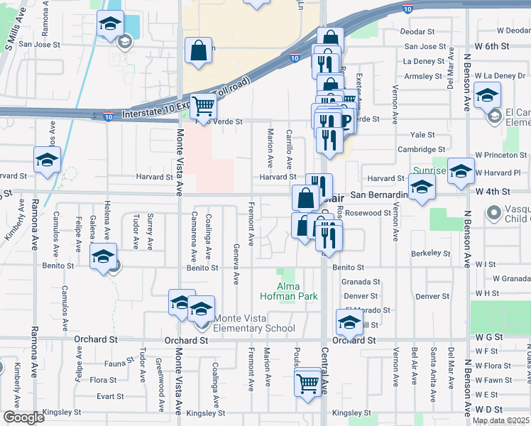 map of restaurants, bars, coffee shops, grocery stores, and more near 5132 Aspen Drive in Montclair