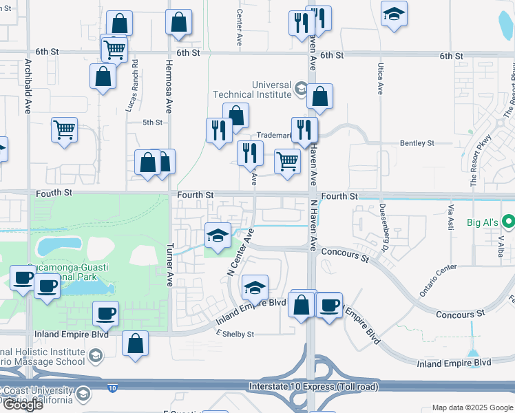map of restaurants, bars, coffee shops, grocery stores, and more near 1049 North Center Avenue in Ontario