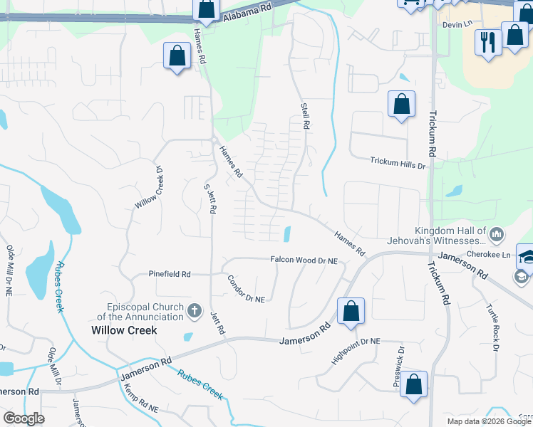 map of restaurants, bars, coffee shops, grocery stores, and more near 1204 West Oaks Way in Woodstock