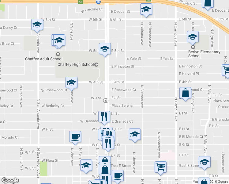 map of restaurants, bars, coffee shops, grocery stores, and more near 122 East Rosewood Court in Ontario