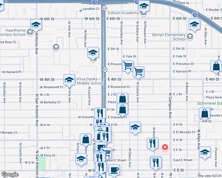 map of restaurants, bars, coffee shops, grocery stores, and more near 122 East Rosewood Court in Ontario