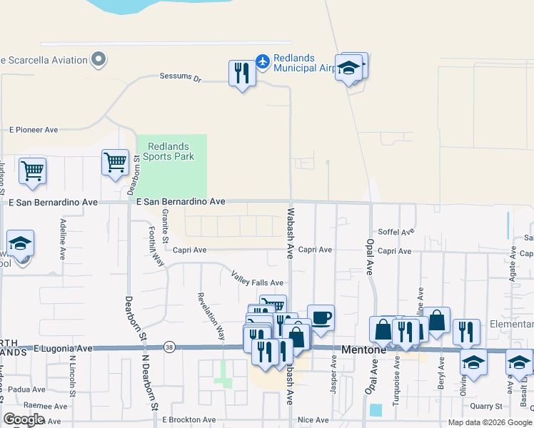 map of restaurants, bars, coffee shops, grocery stores, and more near 1719 Wren Avenue in Redlands