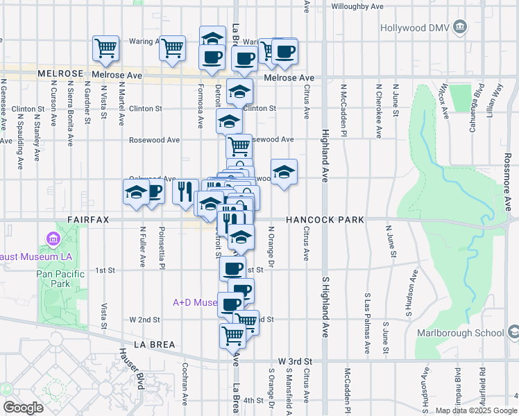 map of restaurants, bars, coffee shops, grocery stores, and more near 848 2/5 North Sycamore Avenue in Los Angeles