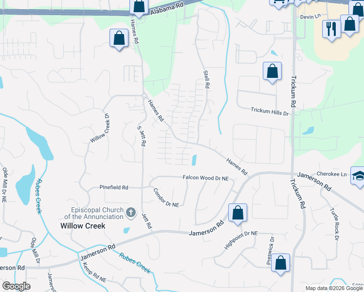 map of restaurants, bars, coffee shops, grocery stores, and more near 1204 West Oaks Way in Woodstock