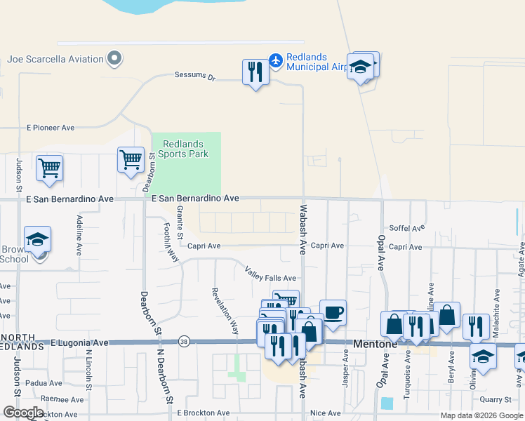 map of restaurants, bars, coffee shops, grocery stores, and more near 1701 Wren Avenue in Redlands