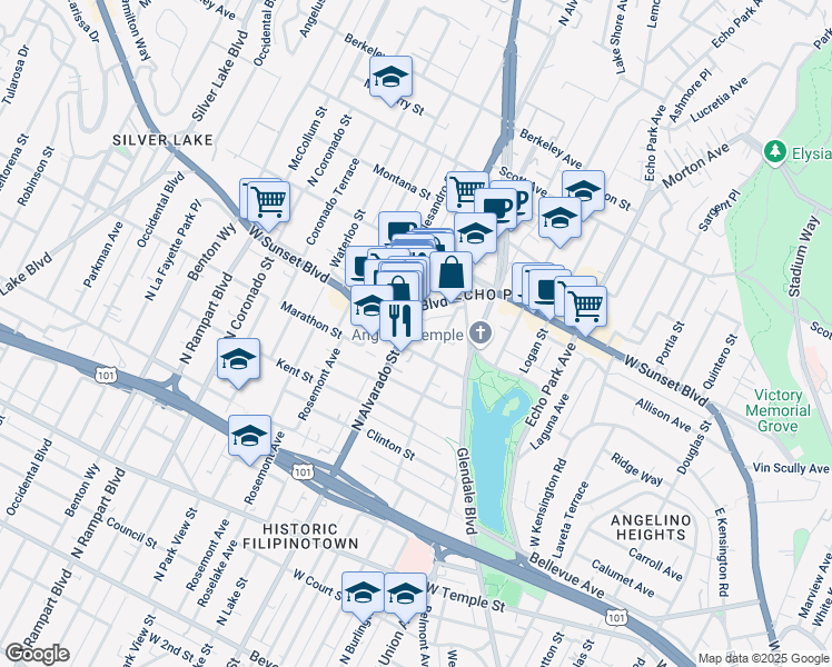 map of restaurants, bars, coffee shops, grocery stores, and more near 2006 Sunset Boulevard in Los Angeles