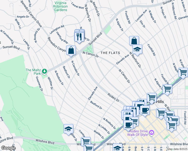 map of restaurants, bars, coffee shops, grocery stores, and more near 718 North Rodeo Drive in Beverly Hills