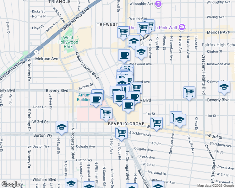 map of restaurants, bars, coffee shops, grocery stores, and more near 217 Westbourne Drive in West Hollywood