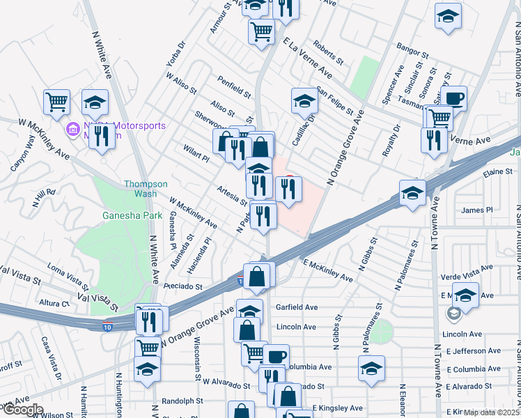 map of restaurants, bars, coffee shops, grocery stores, and more near 1725 North Garey Avenue in Pomona