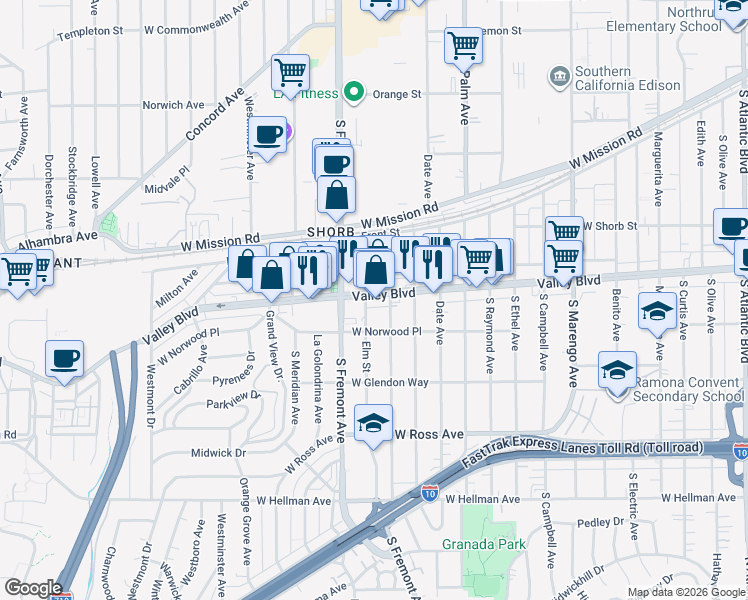 map of restaurants, bars, coffee shops, grocery stores, and more near 2428 West Valley Boulevard in Alhambra