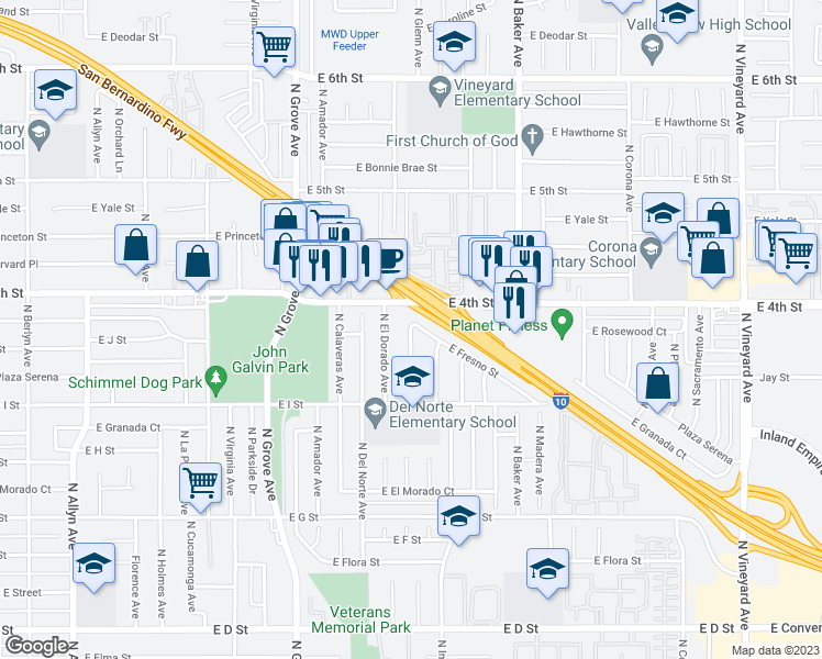 map of restaurants, bars, coffee shops, grocery stores, and more near 1300 East Fresno Street in Ontario