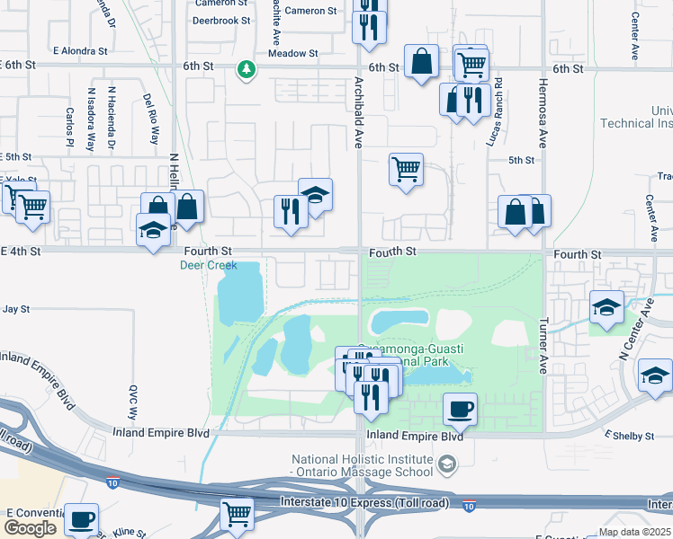 map of restaurants, bars, coffee shops, grocery stores, and more near 1031 North Archibald Avenue in Ontario
