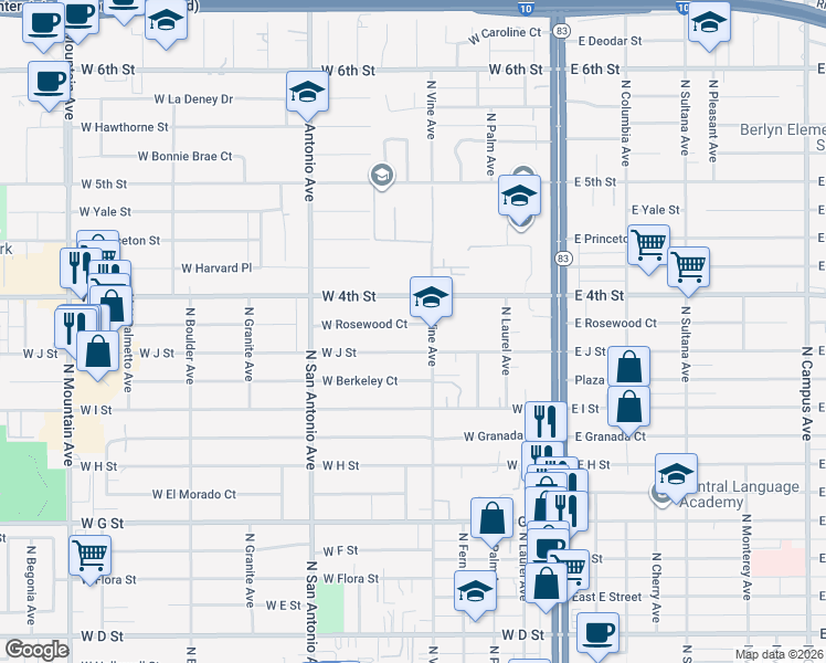 map of restaurants, bars, coffee shops, grocery stores, and more near 481 West Rosewood Court in Ontario