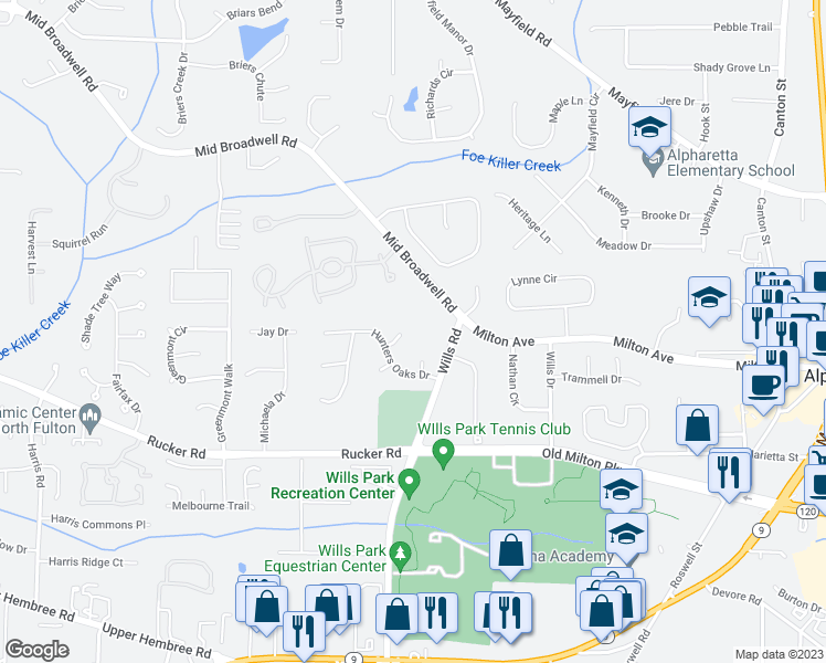 map of restaurants, bars, coffee shops, grocery stores, and more near 8035 Canter Lane in Alpharetta