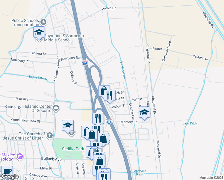 map of restaurants, bars, coffee shops, grocery stores, and more near 215 Tamarack Street in Socorro