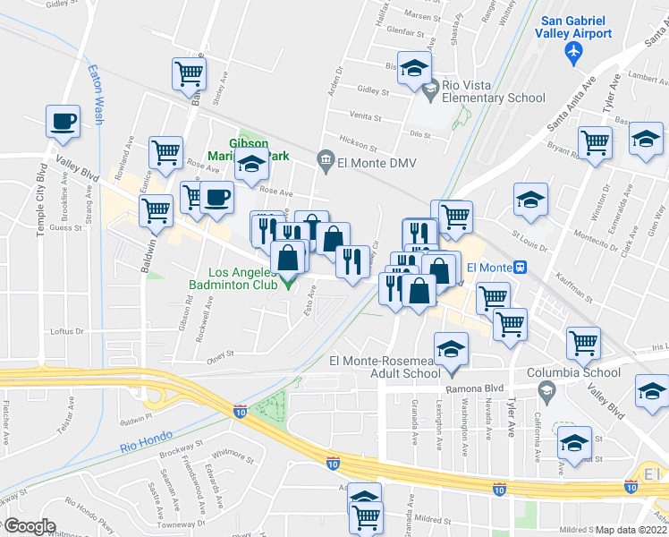 map of restaurants, bars, coffee shops, grocery stores, and more near 10501 Valley Boulevard in El Monte