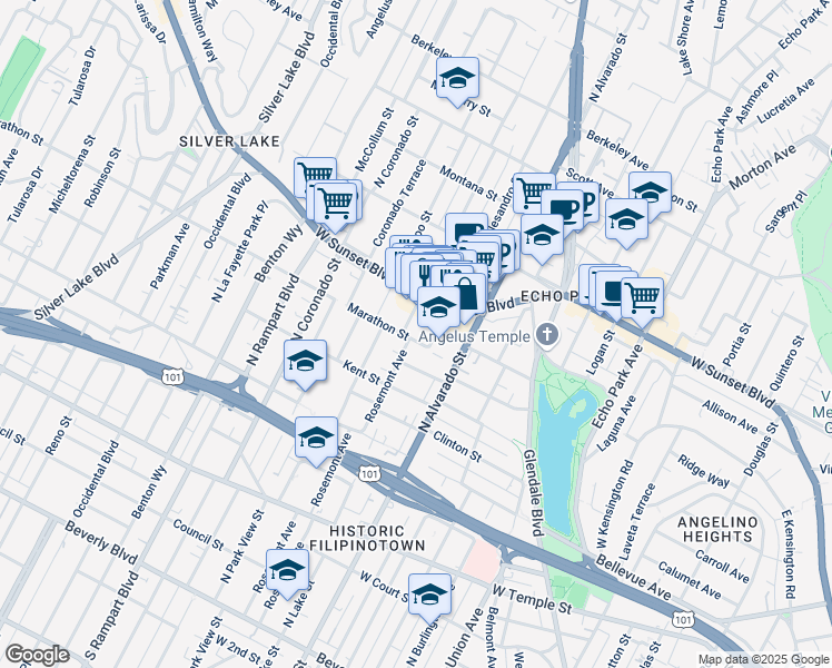 map of restaurants, bars, coffee shops, grocery stores, and more near 1008 Rosemont Avenue in Los Angeles