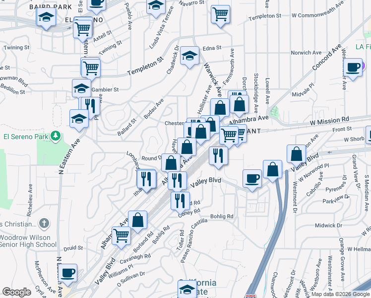 map of restaurants, bars, coffee shops, grocery stores, and more near 5360 Ithaca Avenue in Los Angeles