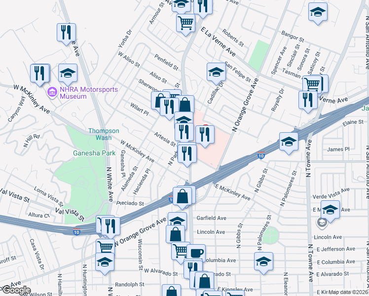 map of restaurants, bars, coffee shops, grocery stores, and more near 1725 North Garey Avenue in Pomona