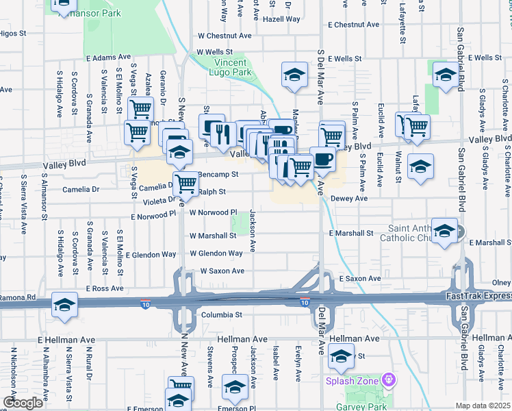 map of restaurants, bars, coffee shops, grocery stores, and more near 1752 Jackson Avenue in San Gabriel