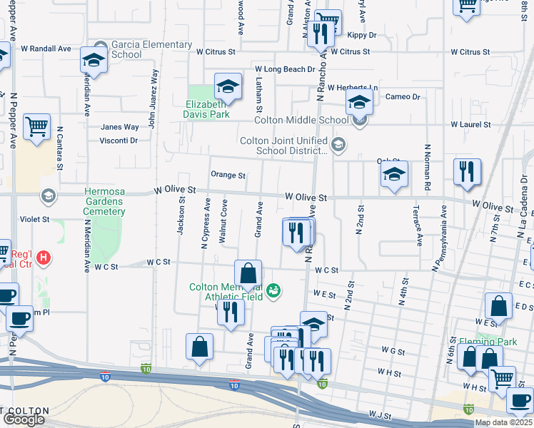 map of restaurants, bars, coffee shops, grocery stores, and more near 1050 Grand Avenue in Colton