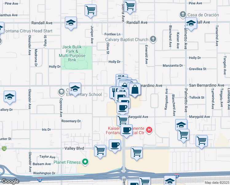 map of restaurants, bars, coffee shops, grocery stores, and more near 9714 Sierra Avenue in Fontana