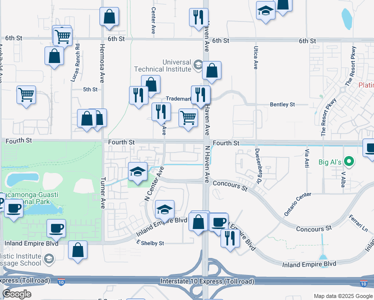map of restaurants, bars, coffee shops, grocery stores, and more near 3410 East 4th Street in Ontario