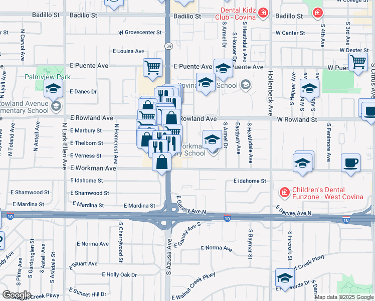 map of restaurants, bars, coffee shops, grocery stores, and more near 538 North Azusa Avenue in West Covina