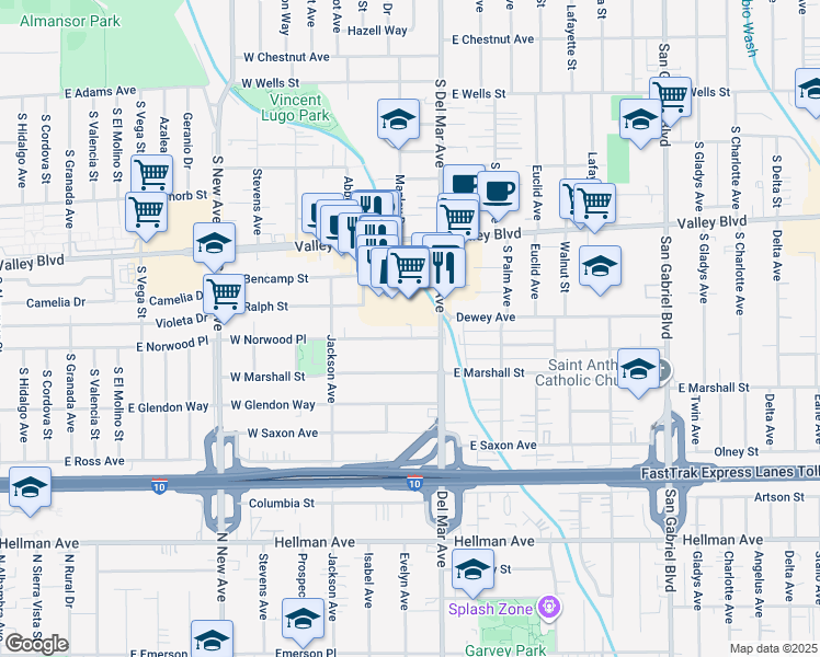map of restaurants, bars, coffee shops, grocery stores, and more near 133 West Norwood Place in San Gabriel