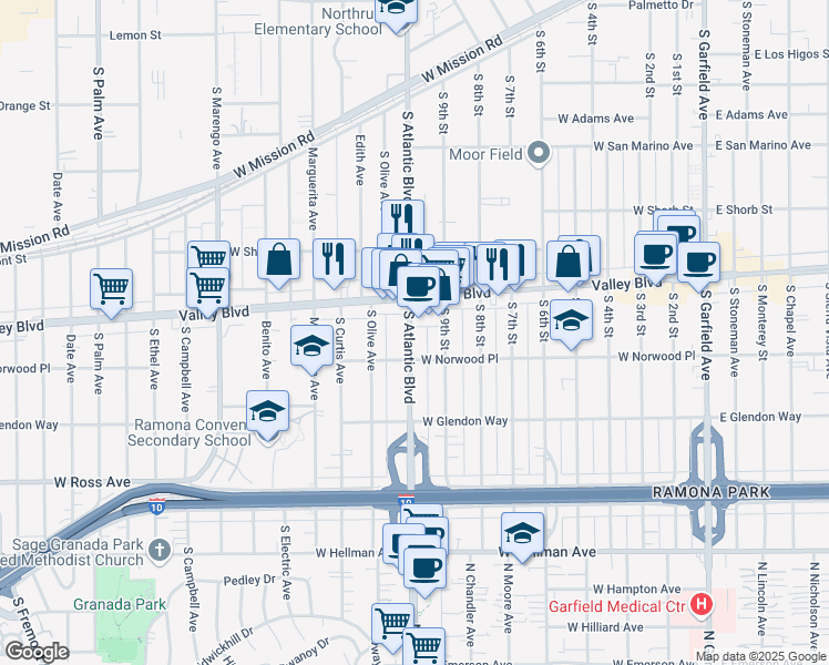 map of restaurants, bars, coffee shops, grocery stores, and more near 1410 South Atlantic Boulevard in Alhambra