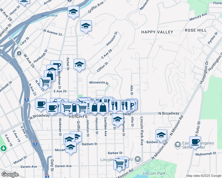 map of restaurants, bars, coffee shops, grocery stores, and more near 3160 Minnesota Street in Los Angeles