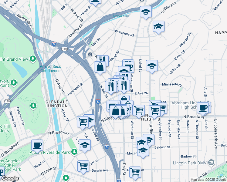 map of restaurants, bars, coffee shops, grocery stores, and more near 120 North Avenue 25 in Los Angeles