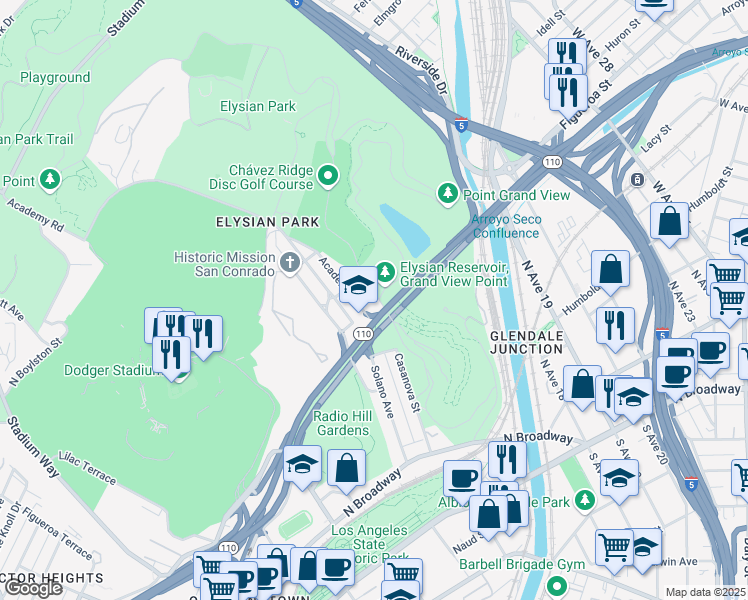 map of restaurants, bars, coffee shops, grocery stores, and more near 612 Park Row Drive in Los Angeles