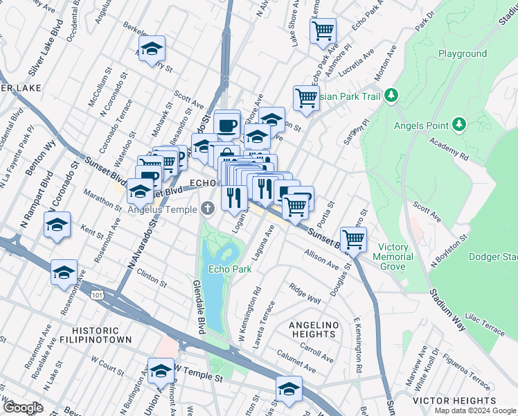 map of restaurants, bars, coffee shops, grocery stores, and more near 1156 Logan Street in Los Angeles