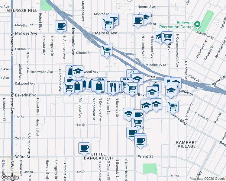 map of restaurants, bars, coffee shops, grocery stores, and more near 324 North Berendo Street in Los Angeles