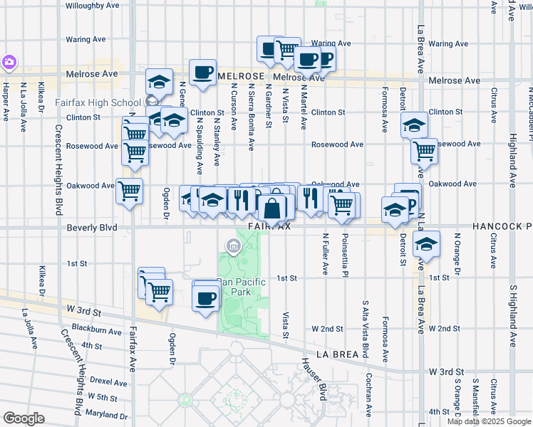 map of restaurants, bars, coffee shops, grocery stores, and more near 330 North Gardner Street in Los Angeles