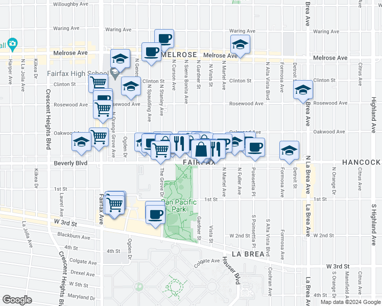 map of restaurants, bars, coffee shops, grocery stores, and more near 327 North Sierra Bonita Avenue in Los Angeles