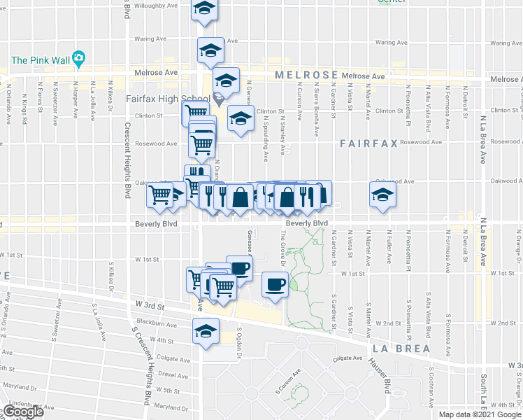 map of restaurants, bars, coffee shops, grocery stores, and more near 331 North Spaulding Avenue in Los Angeles