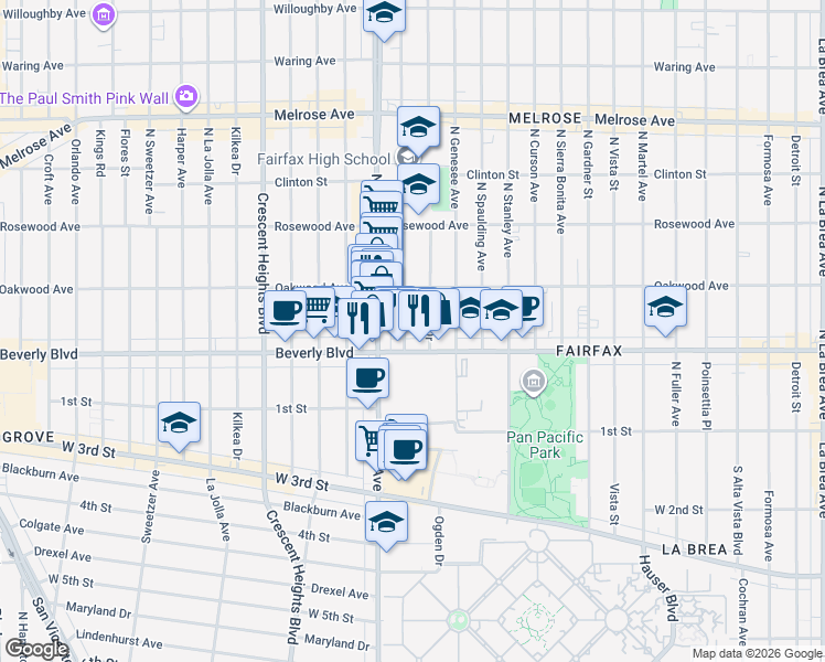 map of restaurants, bars, coffee shops, grocery stores, and more near 327 North Orange Grove Avenue in Los Angeles