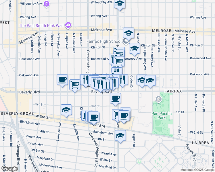 map of restaurants, bars, coffee shops, grocery stores, and more near 326 North Edinburgh Avenue in Los Angeles