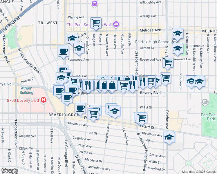 map of restaurants, bars, coffee shops, grocery stores, and more near 331 North Harper Avenue in Los Angeles