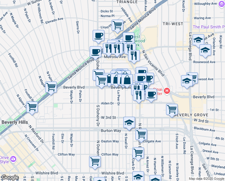 map of restaurants, bars, coffee shops, grocery stores, and more near 8950 Beverly Boulevard in West Hollywood